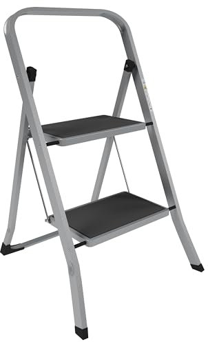Home Vida Scala pieghevole a 2 gradini, in acciaio resistente, con gradini antiscivolo e larghi, meccanismo pieghevole, carico massimo 150 kg, per casa, cucina, fai da te, giardino, colore grigio