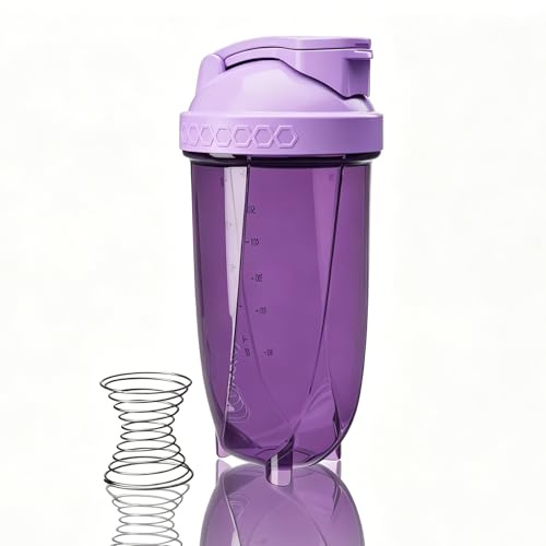 Proteinshaker, shaker för proteinshakes – för superkrämig fitness proteinshakes, proteinskakare 600 ml, hexagonal design för perfekt blandning, stor öppning, dolt bärhandtag. (Lila)