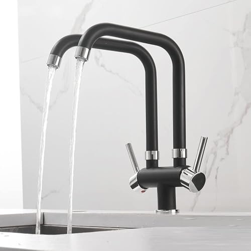 Mitigeur De Robinet De Cuisine, Robinet De Cuisine, Double Sortie D’Eau, Mitigeur D’Eau Chaude Et Froide, Montage sur Pont, Bec Rotatif, Robinets, Poignées Doubles, Grue Malaxeur, Black Chrome