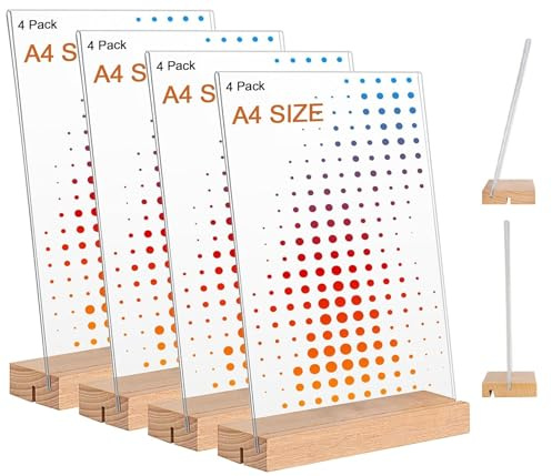 ZJT Tischaufsteller mit Holzfuß, A4 L-Aufsteller, A4 Preisschilder, 4 L Form Tischständer, Acryl Doppelseitig Werbeaufsteller Display für Hochzeit Cafe Restaurant Laden (4 Stück)