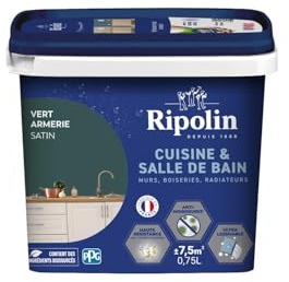 RIPOLIN Peinture Intérieure Cuisine et Bain Lessivable Vert Armerie 0,75 L | Peinture Spécialement Conçue pour les Pièces Humides, Technologie 'effet Perlant', Grande Résistance aux Graisses