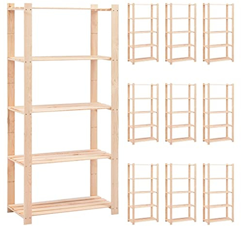 LVHUIDEH Lagerregal 5-Tier, Aufbewahrungsregale, Ausstellungsständer, Holzregal, Regal für Küchen Badezimmer Lagerhallen Keller Garage, Set of 10, 80 x 38 x 170 cm, Kiefer Massivholz, 250kg