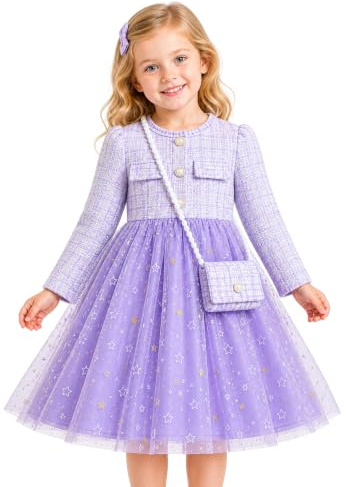 JiAmy - Vestito da bambina a maniche lunghe, elegante, a griglia, in tulle, stile principessa, per feste di compleanno, con collo tondo, abbottonato, moda autunnale per bambini, 2-7 anni, Viola, 5