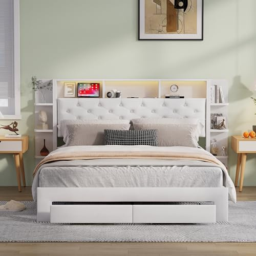 BRYXR Bett 160x200, Polsterbett Doppelbett mit LED und USB, 2 Schubladen, Kopfteil mit Stauraum, Bettgestell mit Lattenrost, Modern Jugendbett Erwachsenenbett, Samt, Beige, Ohne Matratze