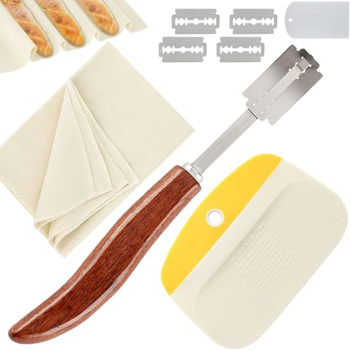 Lame Boulanger 3er Set [inkl. 1 Lame a Pain avec 5 Lames, 1 Coupe Pate, 1 Linge Fermenté de Boulanger] Bread Scoring Tool, Couteau à Pain, Pain Cuisson Accessoire, Rasoir à Pain pour DIY Grigner Pâte