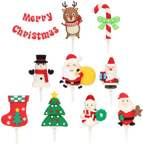 MUNSKT Christmas Cake Toppers,10 PCS Christmas Cake Decorations,Xmas Cupcake Decorations with Christmas Tree Santa Snowman Reindeer
