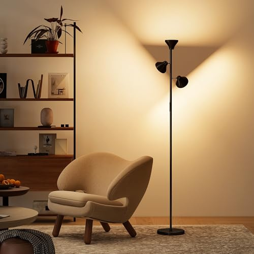 HOMCOM RGB Tree Floor Lamp Dimmable Touch Control 3 Rotatable Head Black | Tall Standing Lamp, Remote Control, 4150 lm, Living Room Bedroom Gaming, 2700K-6000K Colour Temperatures