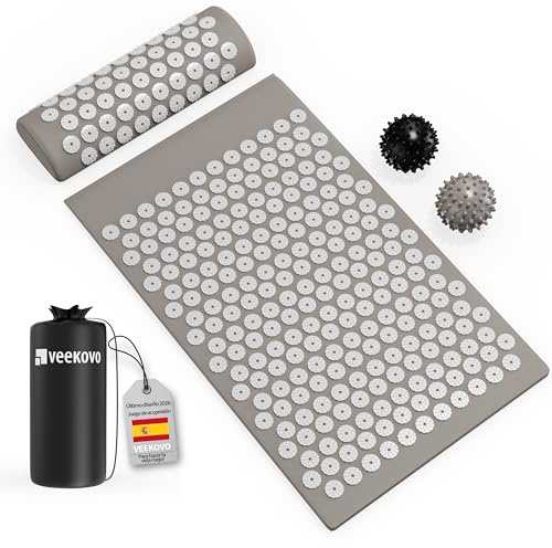 Set de Acupresión - Esterilla,Eco - Con Cojín,Bolas de Masaje y Bolsa - Almohada,Tapete de Masaje con Puntas para Alivio del Dolor,Relajación y masaje en la espalda,la cervical,los piernas (Gris)