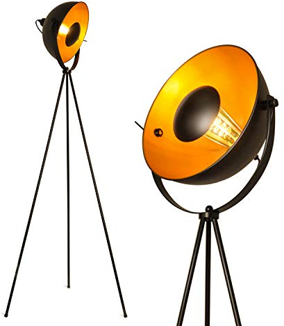 BarcelonaLED Lampe sur pied trépied projecteur métallique noir avec spot réfléchissant doré Décoration vintage nordique rétro avec interrupteur sur pied pour ampoule E27 Salon, Chambre et studio