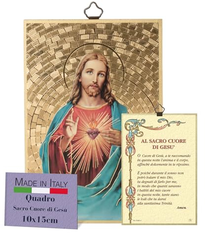 Fratelli Bonella Cuadro sagrado sobre madera MDF de álamo 8 mm con mosaico de lámina dorada del Sagrado Corazón de Jesús con Oracion en la parte posterior 10 x 15 cm Fabricado en Italia