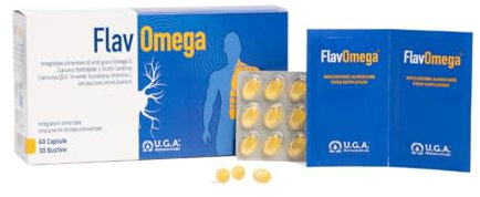 FlavOmega Omega 3 EPA e DHA con Acetil L Carnitina e Curcuma - Integratore per Cervello, Muscoli, Cuore e Vista con Tè Verde e Vitamina C - 60 capsule e 30 bustine
