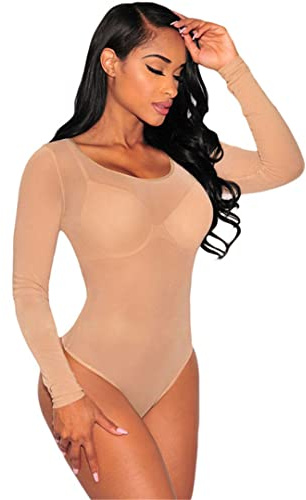 Hautfarbener, transparenter sexy Body für Damen, S, figurbetonter Jumpsuit mit langen Ärmeln, weißer Netz-Body, durchsichtig, O-Ausschnitt, hautfarben, Größe S