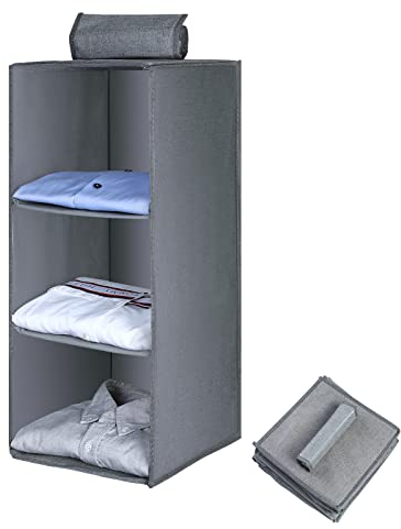 AiQInu Hängeregal Kleiderschrank,Hängeaufbewahrung Schrank Organizer mit 3 Fächern,Faltbar Platzsparend Stabiler Hängeorganizer mit Bambus-Stock Verstärkt Aufbewahrungssystem für Kleiderschränke
