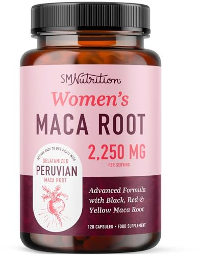 Maca Root Capsules for Women | Peruvian Maca 2250MG Extra Strength | Red, Black & Yellow Maca Pills with Black Pepper | Herbal Supplement to Support Energy, Hormone Balance, Menopause & Cycles