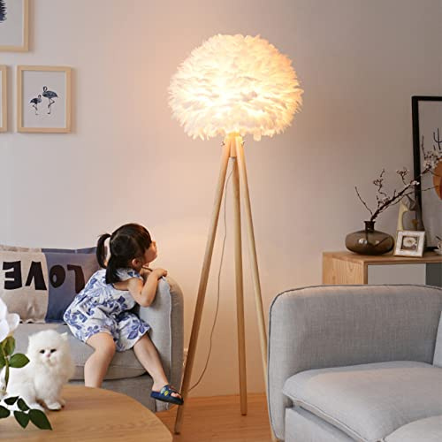 SYCARPET Lámpara de pie - Lámpara de pie con Pantalla de Plumas Blancas, trípode de Madera para dormitorios/salón/Comedor/Cocina