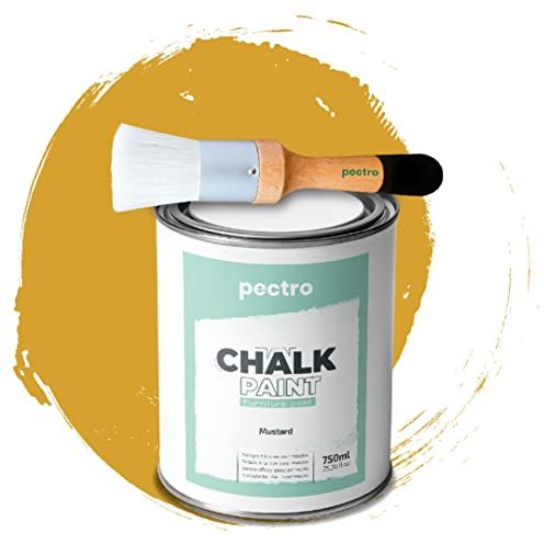 Pack Kreidefarbe für möbel 750ml + Malerpinsel speziell für Chalk Paint - Möbellack Natürlicher Kreideeffekt - Farbe für Holz (SENF)