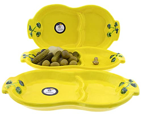 CERÁMICA RAMBLEÑA | Cuencos Bol Bowl | Cuencos de aperitivo | Cuencos cocina | Cuenco Bandeja Amarillo Pack x3 - Modelo 26 | 100% Decorado a mano | 24x13x2.5 cm