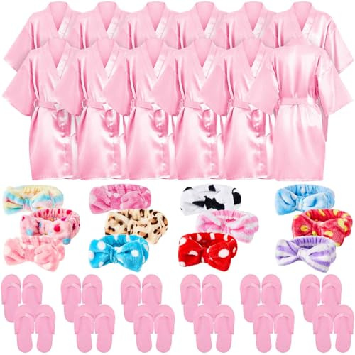 Xuhal Lot de 36 fournitures de fête spa pour filles, 12 peignoirs kimono à col en V, 12 bandeaux doux et 12 mousses jetables, rose, 10