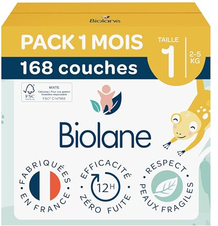 Biolane Windel Größe 1 ökologisch - Biolane - Größe 1 (2-5 kg) - Für empfindliche Haut - Besonders absorbierend, Keine Undichtigkeiten, 12 Stunden trocken - Ein-Monats-Packung 168 Windeln