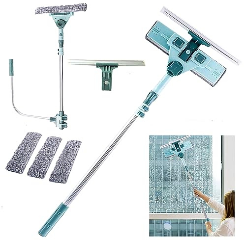 Hooha Teleskopstange Fensterreinigung 2-in-1 mit Fensterabzieher 180°Drehung Reinigungskopf, U-Bügel Stange & Alu Teleskopstiel 69-145CM für Glas/Fenster/Baño/Boden/Auto