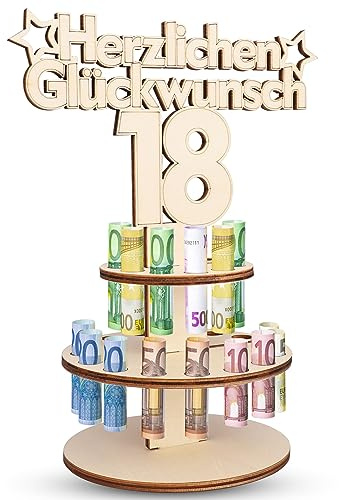 TAKUZA Geldgeschenk 18. Geburtstag Junge Holz Gästebuch mit Ständer | Geldgeschenke Geburtstag 18 aus 5mm Holz. 25 Löcher für Geldscheine. Geburtstag Aud Jubiläum Geschenke für Männer, Frau