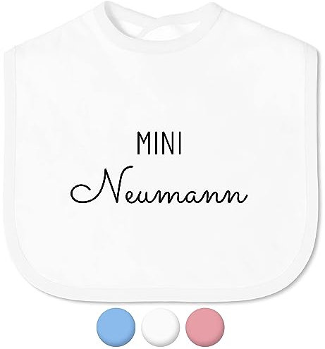 Lustiges Baby-Lätzchen „MINI Nachname“ personalisiert mit Nachnamen für Mädchen & Jungen - mit Klettverschluss – Spucktuch Latz Kinderlätzchen – witzige Baby-Geschenke Taufgeschenke (Saum Weiß)
