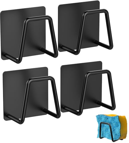 Bogoro Soporte Estropajos 4 Unidades Porta Esponja Autoadhesivo Gancho Esponja Acero Inoxidable con Adhesivo 3M Soporte Estropajo Cocina para Fregadero Gancho Adhesivo (Negro)
