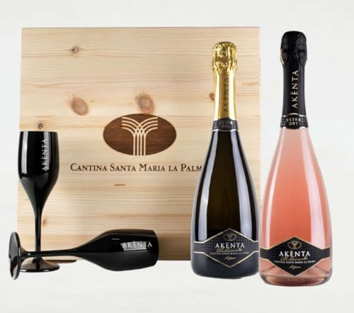 Slow Sardinia - Confezione vini Sardi - Akènta Vermentino di Sardegna DOC Spumante Extra Dry - Akènta Rosè Vino Spumante Rosato IGT Cagnulari - 2 bicchieri flûtes in regalo - Elegante scatola regalo