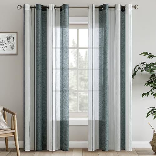 EMEMA Gardinen mit Ösen Grün-Weiss Streifen Voile Vorhänge Halbtransparent Wohnzimmer 140x225cm Dekorieren 2er Set Stores Schals mit Ösenschal Vorhang Moderner Schlafzimmer
