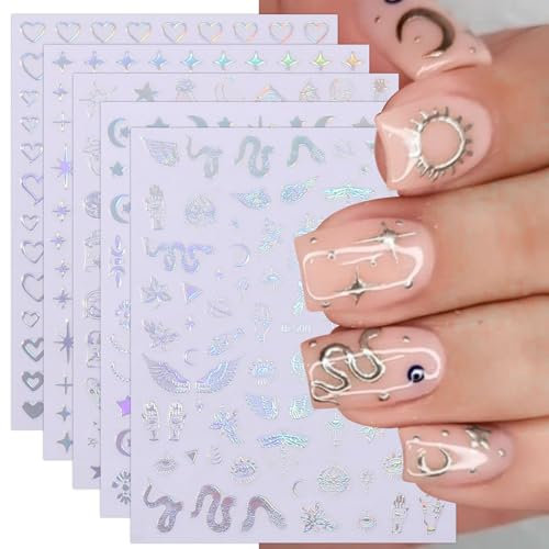 JMEOWIO Nagelsticker Mond Stern Schlange 10 Blatt Nail Art Sticker Selbstklebend Nagelaufkleber Aurora Dekoration Nageldesign Zubehör