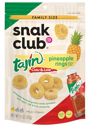 Snak Club Anneaux d'ananas, piment tajin et citron vert, assaisonnés, bonbons en caoutchouc sucrés et épicés, goût doux, faible en gras, végétalien, collation sans gluten, taille familiale, 325 ml