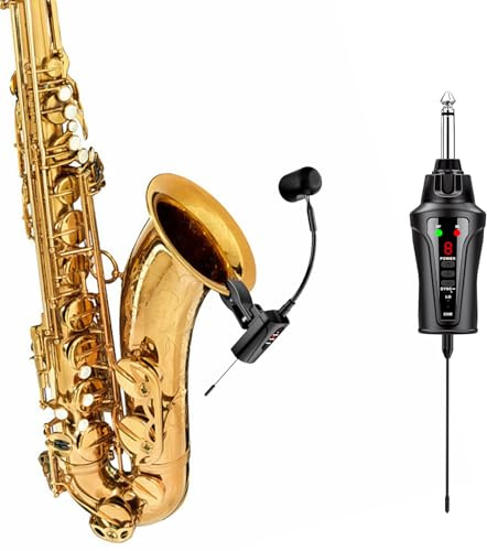 ACEMIC UHF Drahtloses Saxophon Mikrofonsystem, drahtloser Sender und Empfänger, ansteckbares Instrumentenmikrofon für Trompeten, Saxophone und aktive PA Systeme, ST-5