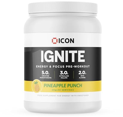 ICON Nutrition Ignite Pre-Workout - Pineapple Punch Flavour - 600g (30 Servings), Energy Formula for Maximum Performance, Focus & Endurance, Ideal for Gym, Workout Training (Scoop Included)