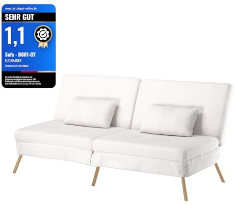 COMHOMA Schlafsofa mit Schlaffunktion, Sofa überzug Futon Klappsofa, Bettcouch, ecksofa, Couch Gästebett, 3-Sitzer Sofa, mit verstellbare Rückenlehne aus Teddystoff Weiß