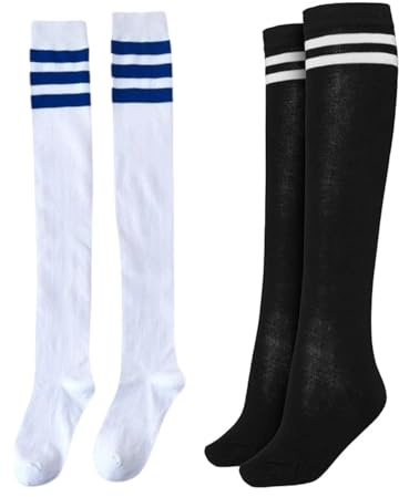 LOZTBUE 2 pares de calcetines hasta la rodilla para mujer, calcetines de invierno para mujer, calcetines térmicos para mujer calcetines térmicos en blanco con rayas azules