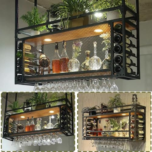 Gabinete industrial de metal con estante para copas de vino montado en el techo, estantes negros de 2 niveles para el hogar, restaurante y bares (75 x 30 x 50 cm)