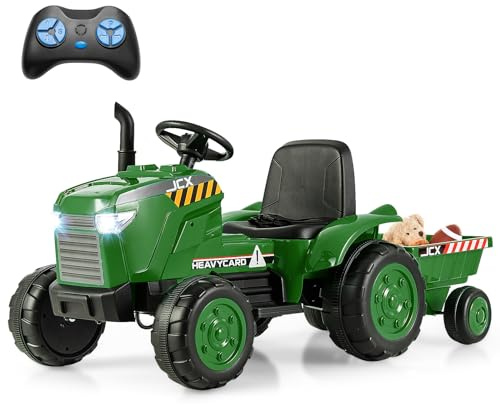 COSTWAY Electric Ride on Tractor, 12V Kids Toy Car with Detachable Trailer, Wireless Connection, Horn, Music, Lights, Battery Powered Ride on Toys for Children Ages 3-8 (Blackish Green)
