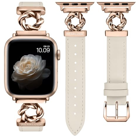 Wearlizer Lederarmband Kompatibel mit Apple Watch Armband 42/40/41/38mm Damen, Elegant Leder Armbänder für iWatch Series 11 10 9 8 7 6 5 4 SE 3 2 1, Polarstern/Rosegold