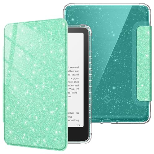 Fintie Hülle für 7 Kindle Colorsoft Signature Edition 2026 | Kindle Paperwhite/Paperwhite Signature Edition(12. Generation), Transparent TPU Case, Auto Sleep/Wake, Glitzer Grün