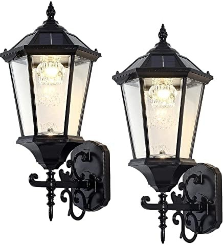 WisHomee Decorative Solar Wall Light Outdoor Lamp, Waterproof Dusk to Dawn Soalr Wall Lantern, LED Wall Mount Light Fixture, 21” Large, Aluminum Housing Plus Glass, Cool + Warm White(2 Pack)