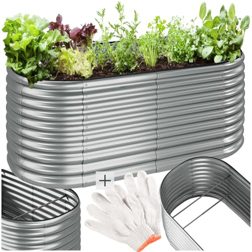 tectake® Hochbeet Metall, Hochbeete-Kit für Beet, Hochbeet Garten, wetterfest, Pflanzkasten, Kräuterbeet, Frühbeet, Gemüsebeet, Pflanzenbeet, zur Anzucht, als Blumenkasten - 1257l, 200 x 100 x 80 cm | Verzinkter Stahl, wetterfest, für Gemüse, Kräuter und Blumen, inkl. Arbeitshandschuhe, stabiler Gartenkasten, Silber
