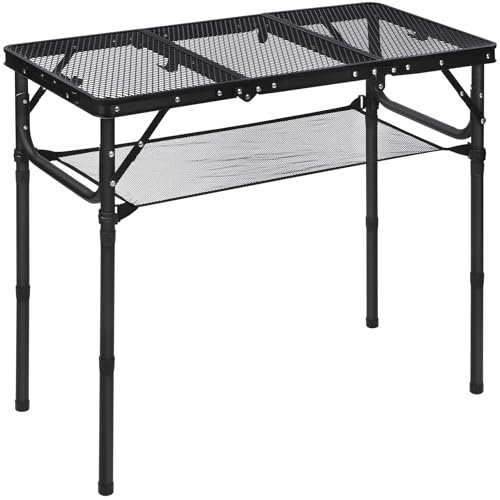 REDCAMP Folding BBQ Table, 3-Height Adjustable Aluminum Camping Table with Storage Mesh, Portable Grill Stand for Outdoor Cooking Picnic RV Fishing, 87x40cm, Black