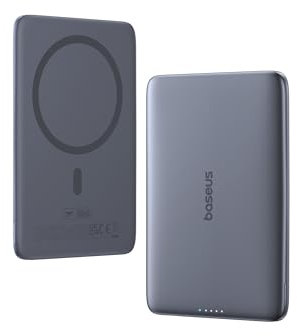 Baseus Picogo AM41 Power Bank, Ultra Slim 5000mAh Magsafe Powerbank, PD 20W Schnellladung, Portabel, Mini Wireless Magnetische Externe Batterie mit USB C Kabel für iPhone 16/15/14/13/12, Space Grauer