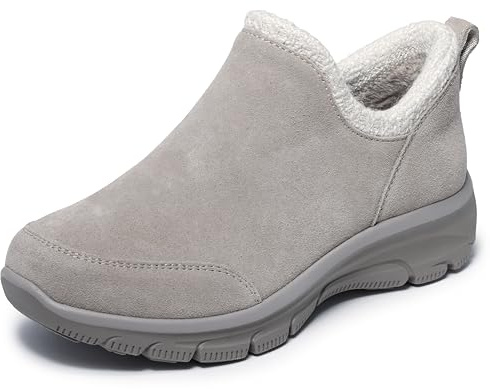 Skechers Women's EASY GOING - SWEET BEHAVIOR, Scooped chenille collar suede bootie, Taupe, 8.5M