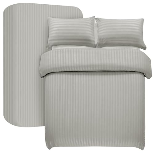 My home store Set copripiumino Super King Silver, 4 pezzi, raso a righe, morbida microfibra spazzolata, con lenzuolo con angoli profondi 30 cm e 2 federe