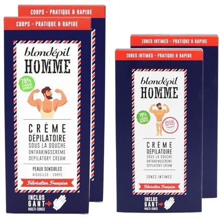 Blondépil Homme - Pack de 4 - Crema depilatoria hombre cuerpo x2 & Crema depilatoria hombre genitales x2, Piel Sensible, Sin Irritación, Fabricado en Francia