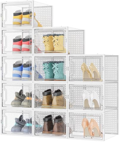 Schuhboxen Stapelbar, 12er-Set Schuhorganizer Schuhaufbewahrung Transparent | Schuhkarton mit Deckel für Schuhe bis Größe 46, Weiß