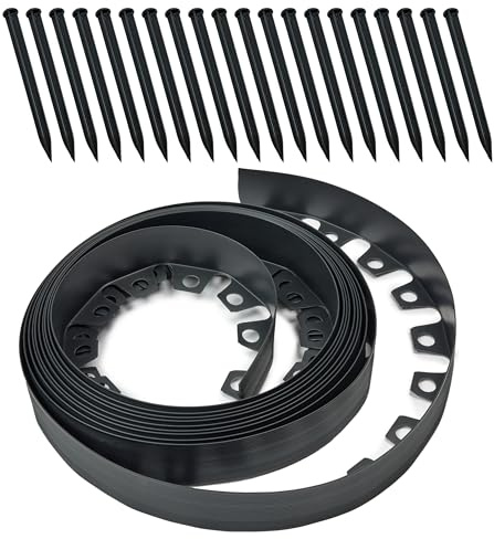Garronda 10 m 6cm Rollrasenkante 20 Anker Beeteinfassung Kunststoff GD-0158 | Schwarz, Flexibel formbar, als Rasenbegrenzung und Beetumrandung für Gartenwege, Beete und Gartendeko, einfache Montage