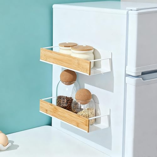 Veektac Magnetic Spice Rack for Fridge and Oven, 2 Pack Magnetic Fridge Shelves with Moveable Hooks for Kitchen Organization and Storage
