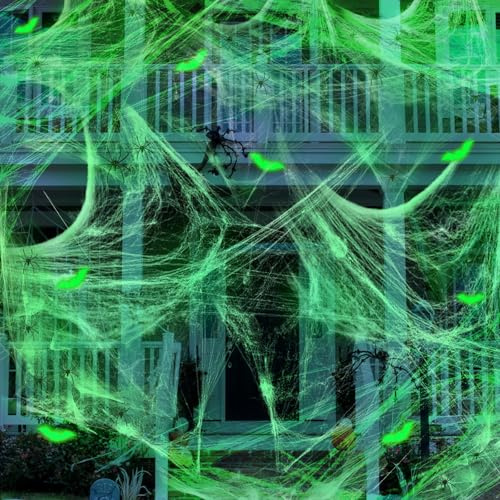 Allony Ragnatele di Halloween, Ragnatela Luminosa, Stretch Ragnatele Estensibili Bianca, Ragnatela Halloween Decorazione, 100 g, 30 Ragni 16 Adesivi da Pipistrello 3D